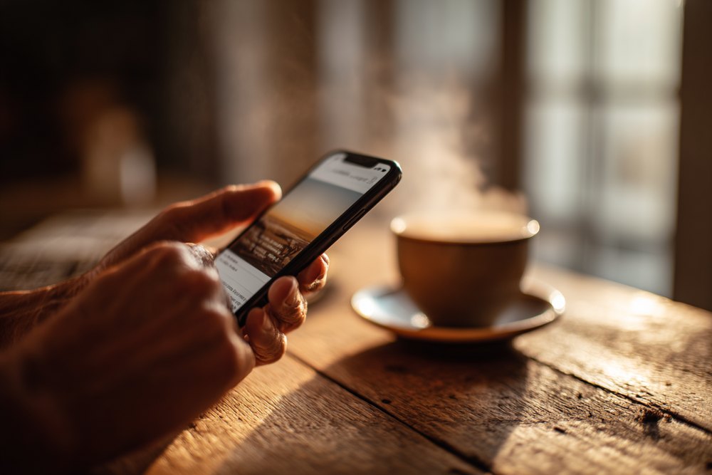 Dettaglio di una scrivania all'alba: caffè e taccuino