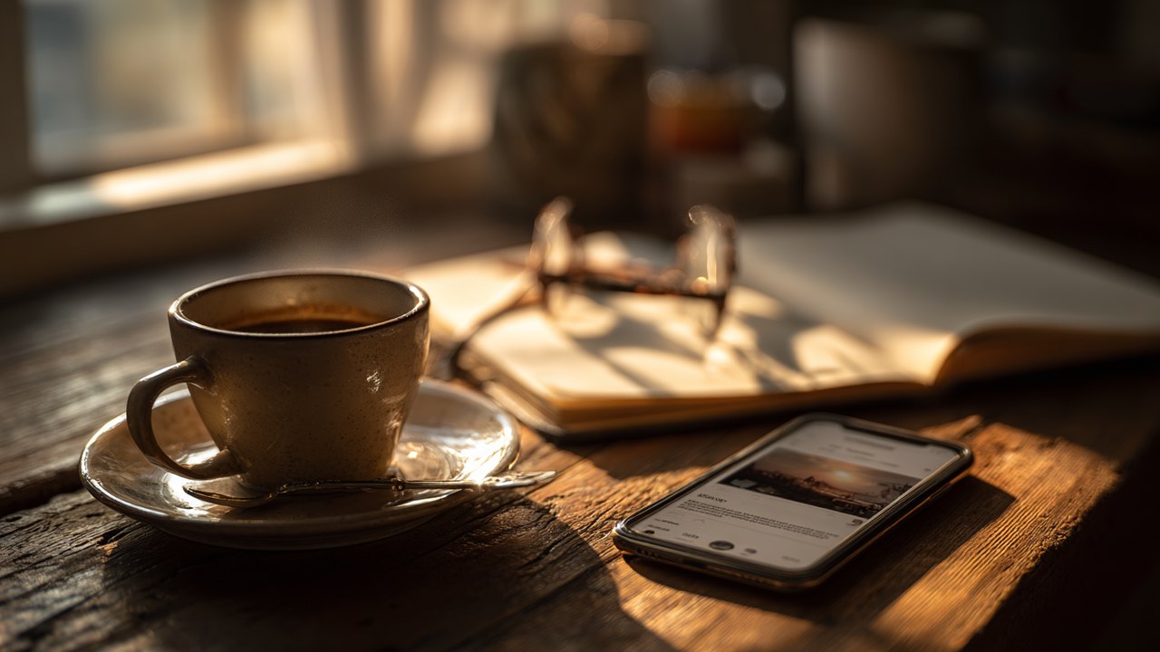 Scrivania all'alba: un espresso e l'email dell'oroscopo